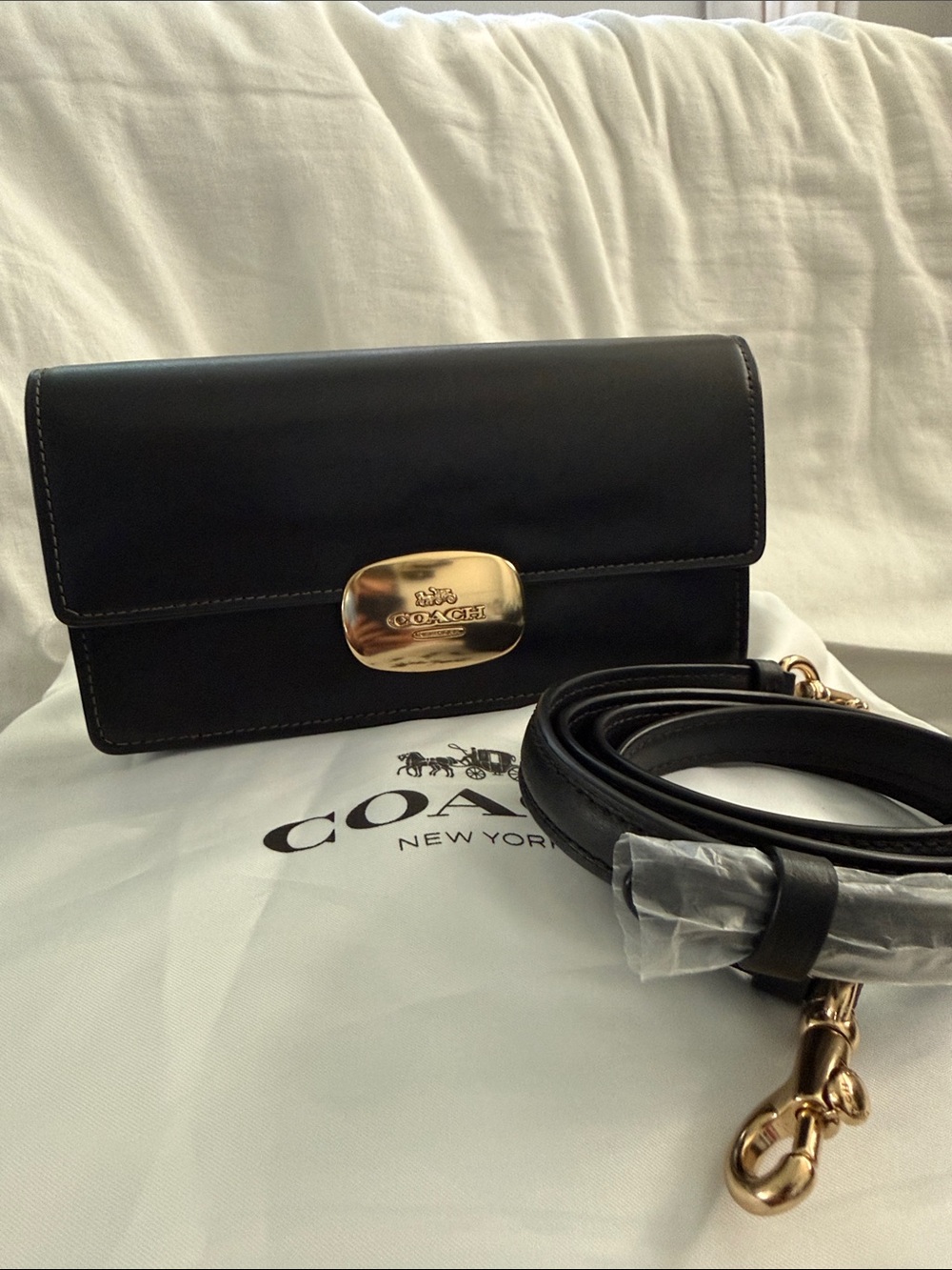 Coach Black Leather Crossbody with Gold-Tone Turnlock